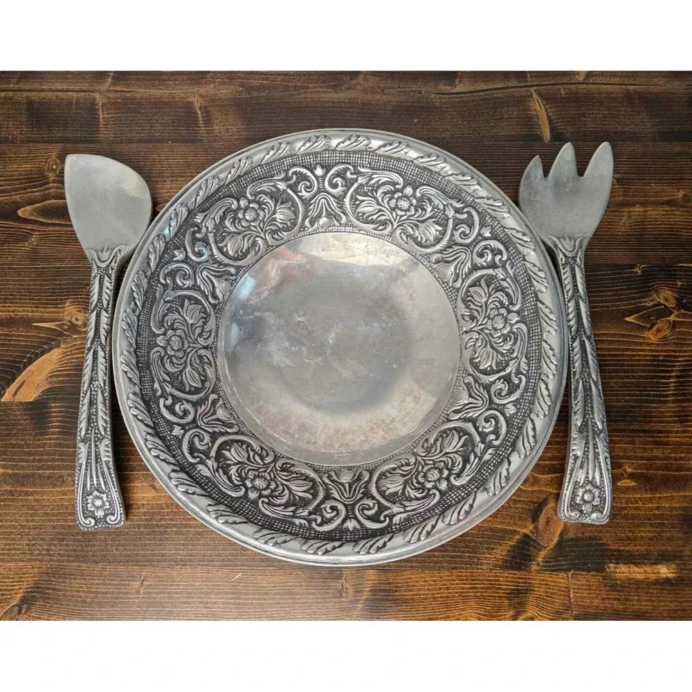 Wilton Armetale William &‎ Mary Metal Salad Serving Bowl w/Fork and Spoon Floral